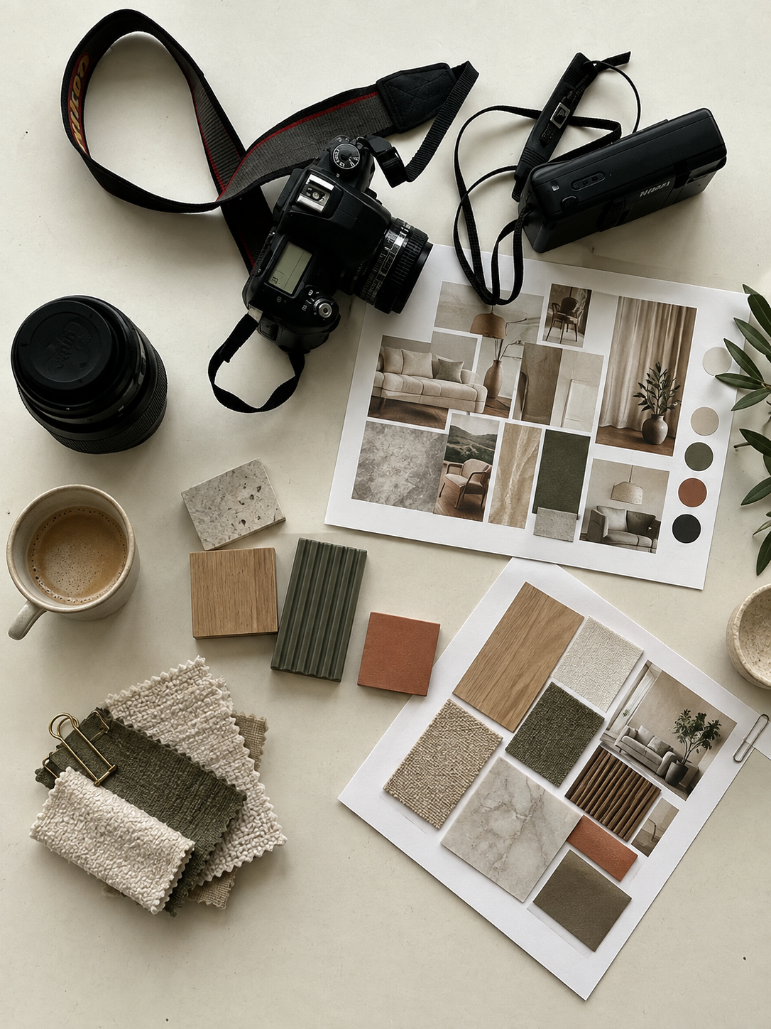 Bovenaanzicht van een werftafel met camera, geprinte moodboards, materiaal- en stofstalen en een kop koffie