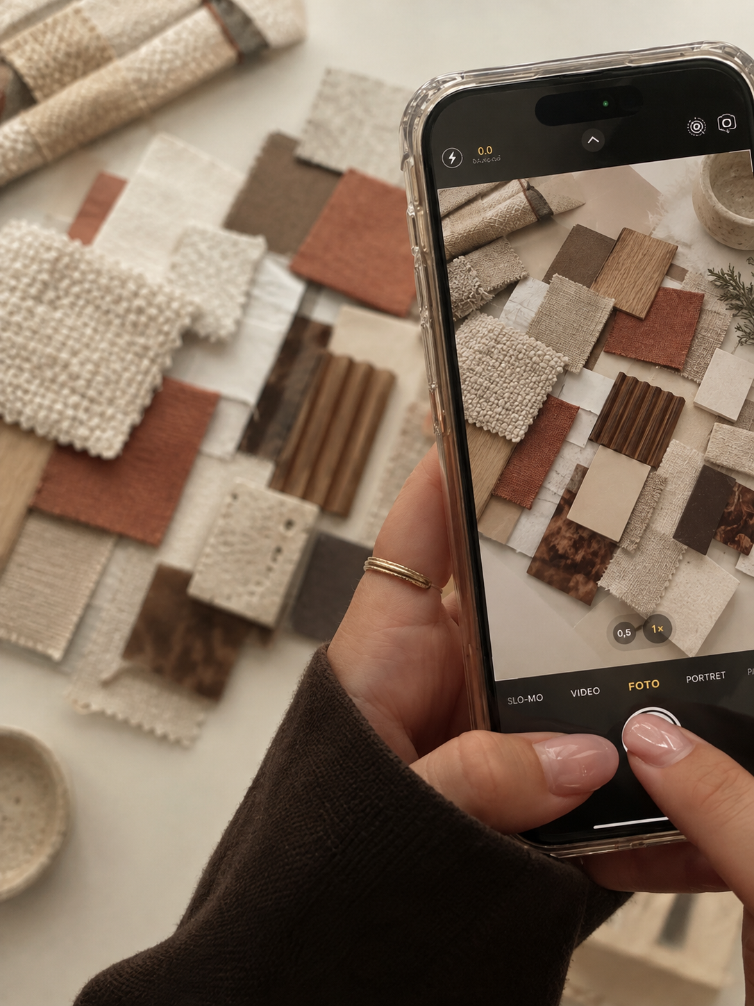 Hand die een telefoon vasthoudt boven een moodboard van materiaal- en stofstalen in warme tinten
